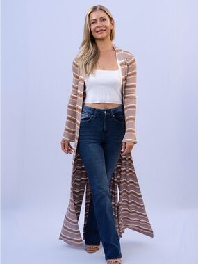 L'AGENCE Beige and White Striped Long Knit Cardigan